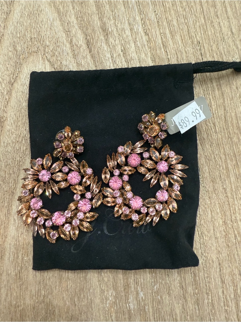 J.Crew Crystal Wreath Statement Drop Earrings Pink Amber Gold Tone New